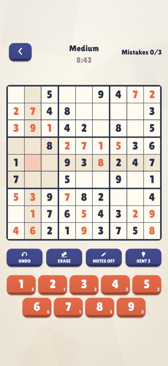 A Sudoku board in the Light theme