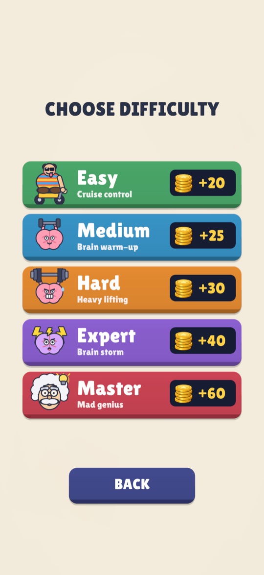 Difficulty screen from Easy to Master